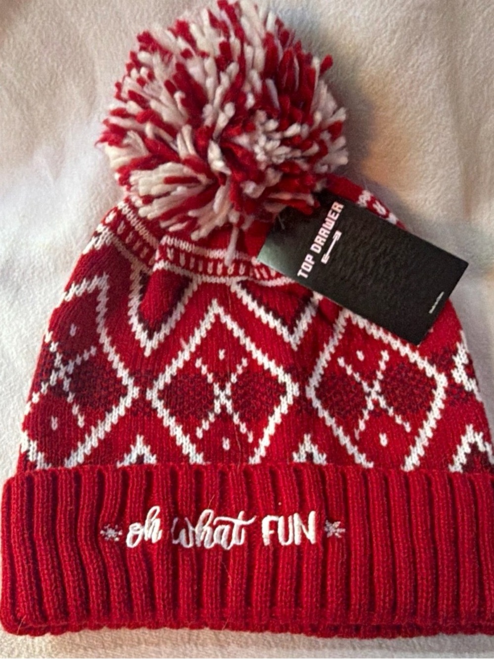 Top Drawer Red/White Argyle Beanie Hat Pom-Pom One Size  ‘oh what FUN’ Christmas